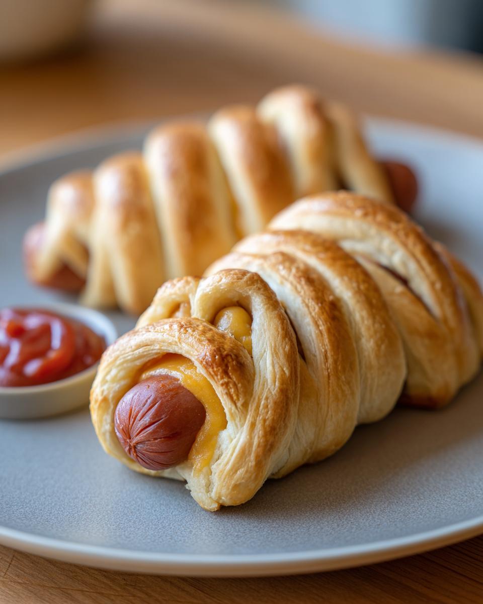 Two Cheese-Stuffed Mummy Dogs on a gray plate with a side of ketchup. Halloween recipe.