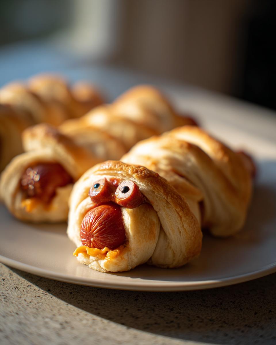 Close-up of Cheese-Stuffed Mummy Dogs on a plate, baked in pastry with cheese oozing out and sausage eyes.