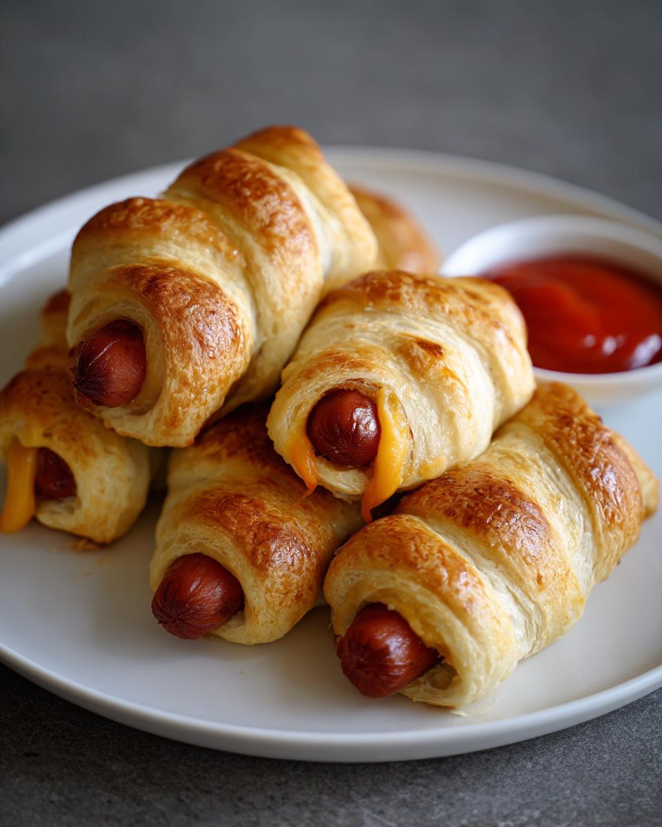 A plate of golden brown Cheese-Stuffed Mummy Dogs with melted cheese and a side of ketchup.