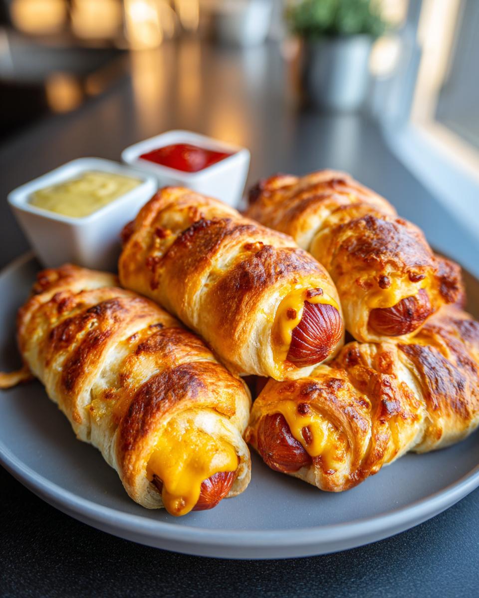 A plate of freshly baked Cheese-Stuffed Mummy Dogs with dipping sauces.