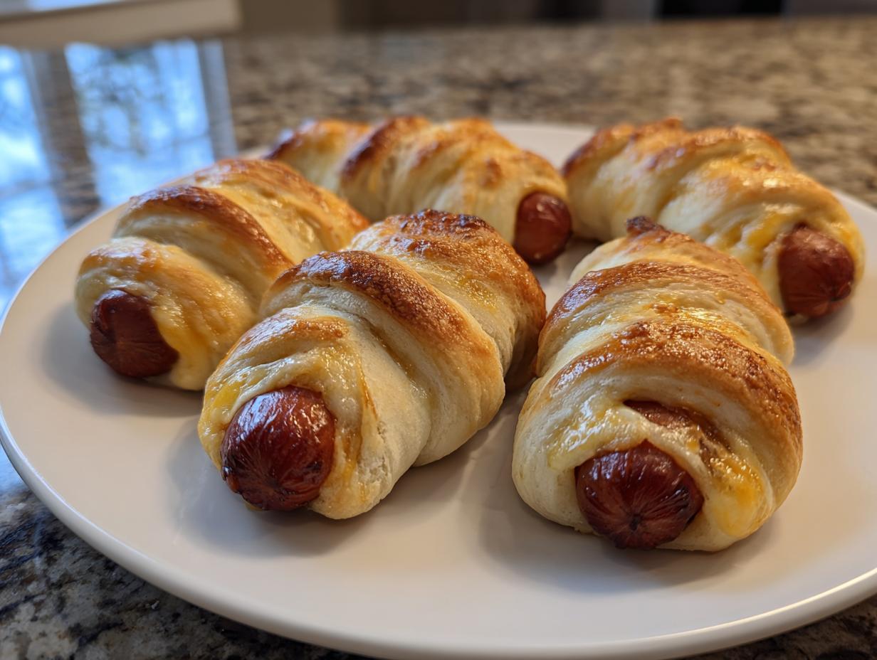 A plate of freshly baked Cheese-Stuffed Mummy Dogs, perfect for a spooky Halloween treat.