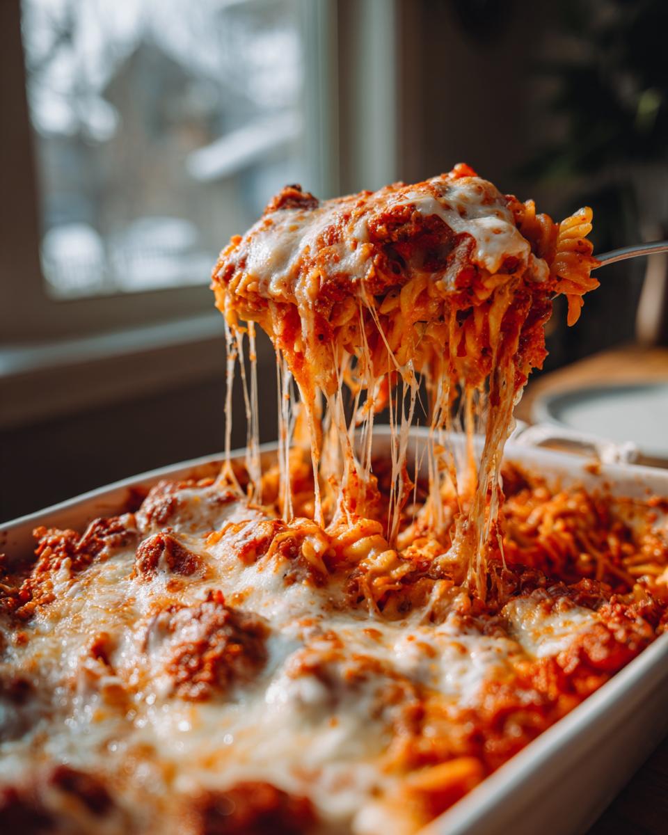 A serving of cheesy baked pasta being lifted from a casserole dish, part of Pasta Recipes Recipe Everyone Asks For.