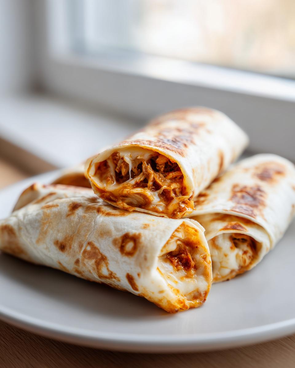 Stack of Ooey-Gooey Cheesy Garlic Chicken Wraps on a plate, showing the filling and melted cheese.