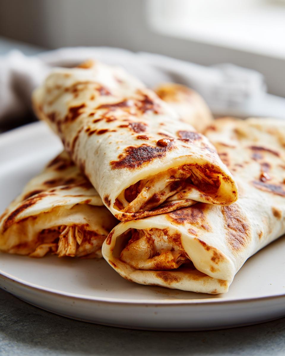 Stacked Ooey-Gooey Cheesy Garlic Chicken Wraps on a plate, showcasing the melted cheese and chicken filling.