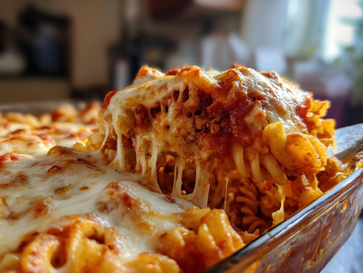 Close-up of a cheesy pasta bake, a Pasta Recipes Recipe Everyone Asks For, being lifted from a glass baking dish.