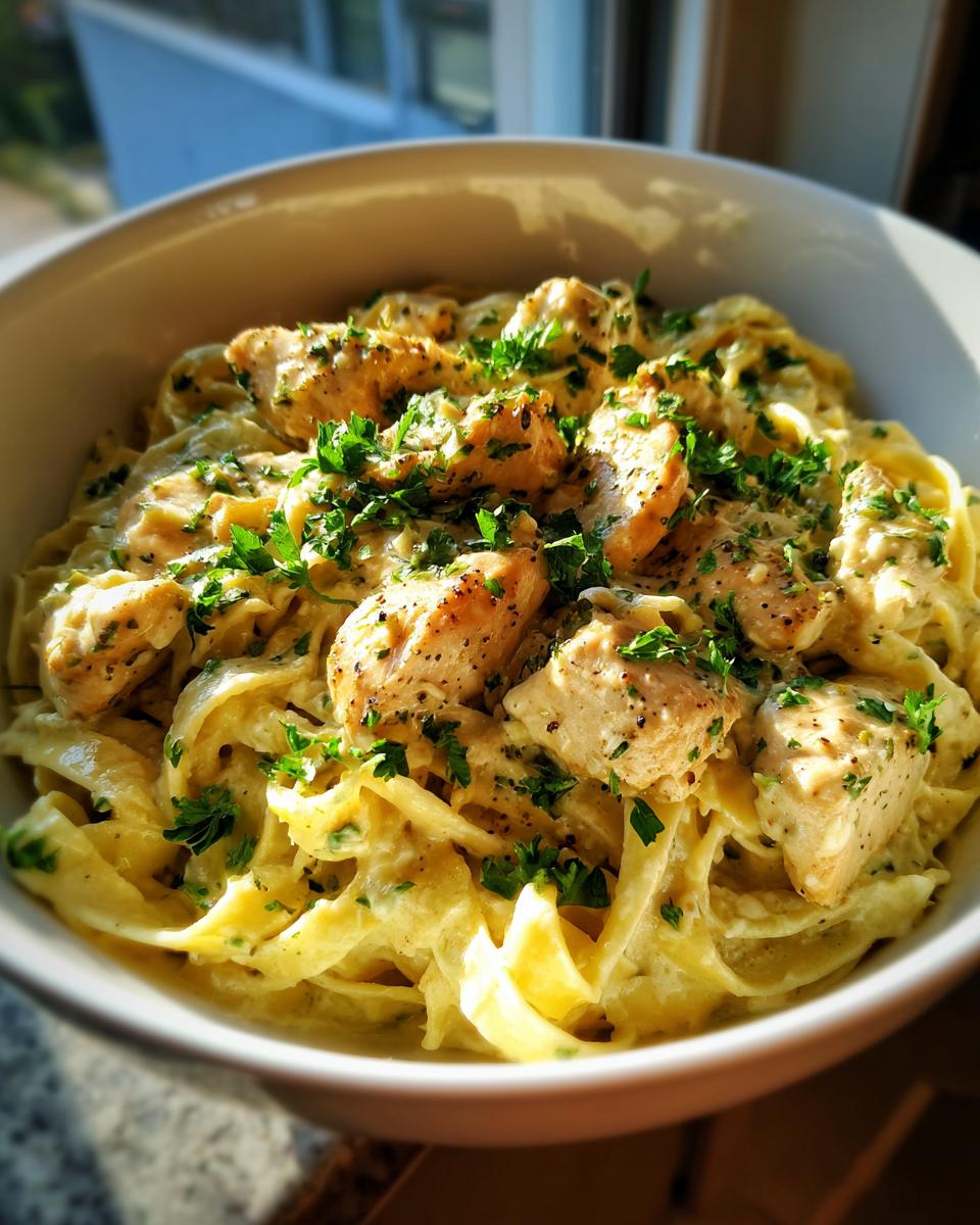 Bowl of creamy chicken alfredo pasta, a Restaurant-Style Easy Dinner Recipes at Home, garnished with fresh parsley.