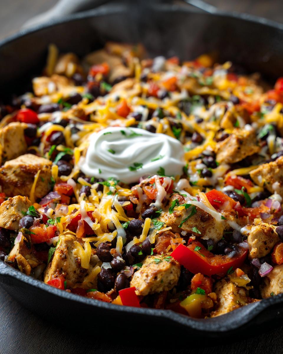 Chicken and black bean skillet, a quick and easy dinner recipe in 20 minutes, topped with sour cream and cheese.