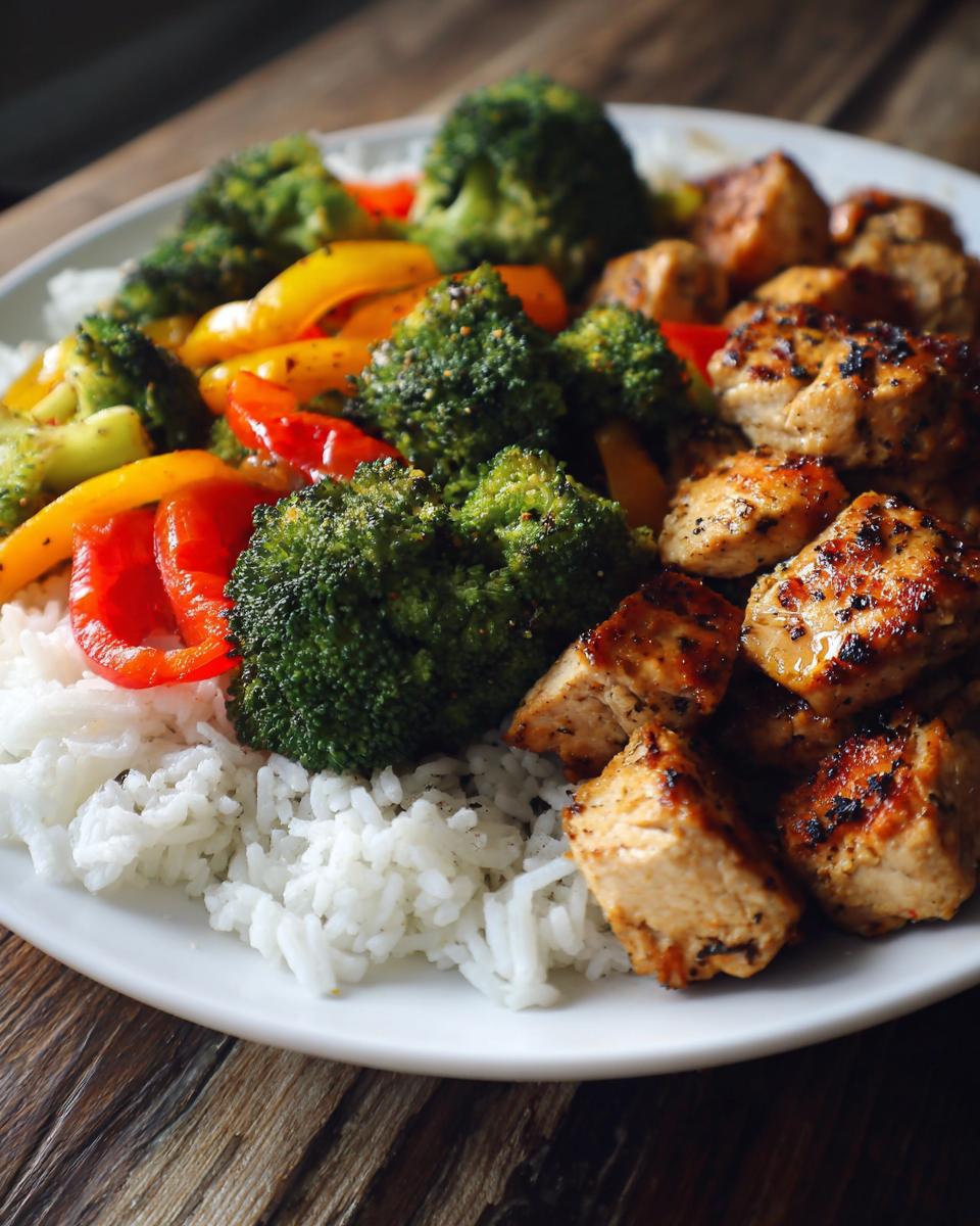 Plate of grilled chicken, broccoli, and peppers over rice. What Makes Perfect Dinner Recipes? Try This!