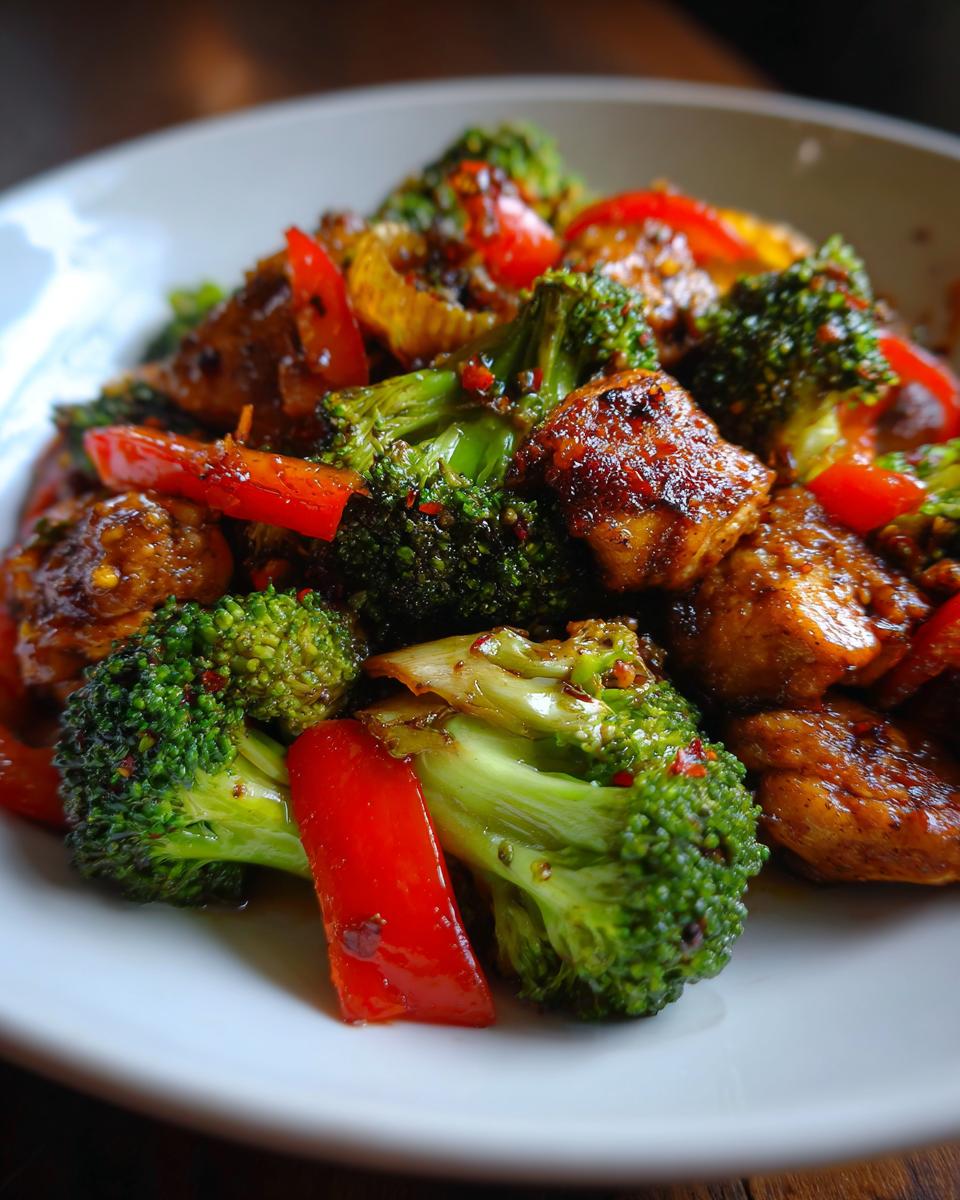 Chicken and broccoli stir-fry, a quick option for Dinner Recipes in 20 Minutes. Red bell peppers add color.