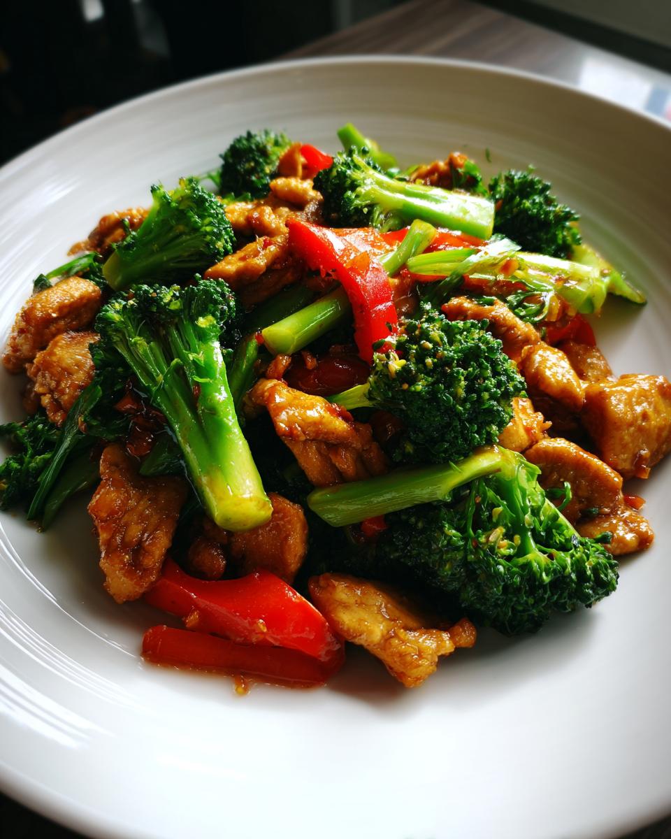 A vibrant chicken and broccoli stir-fry, perfect for quick Dinner Recipes in 20 Minutes. Red peppers add color to the dish.