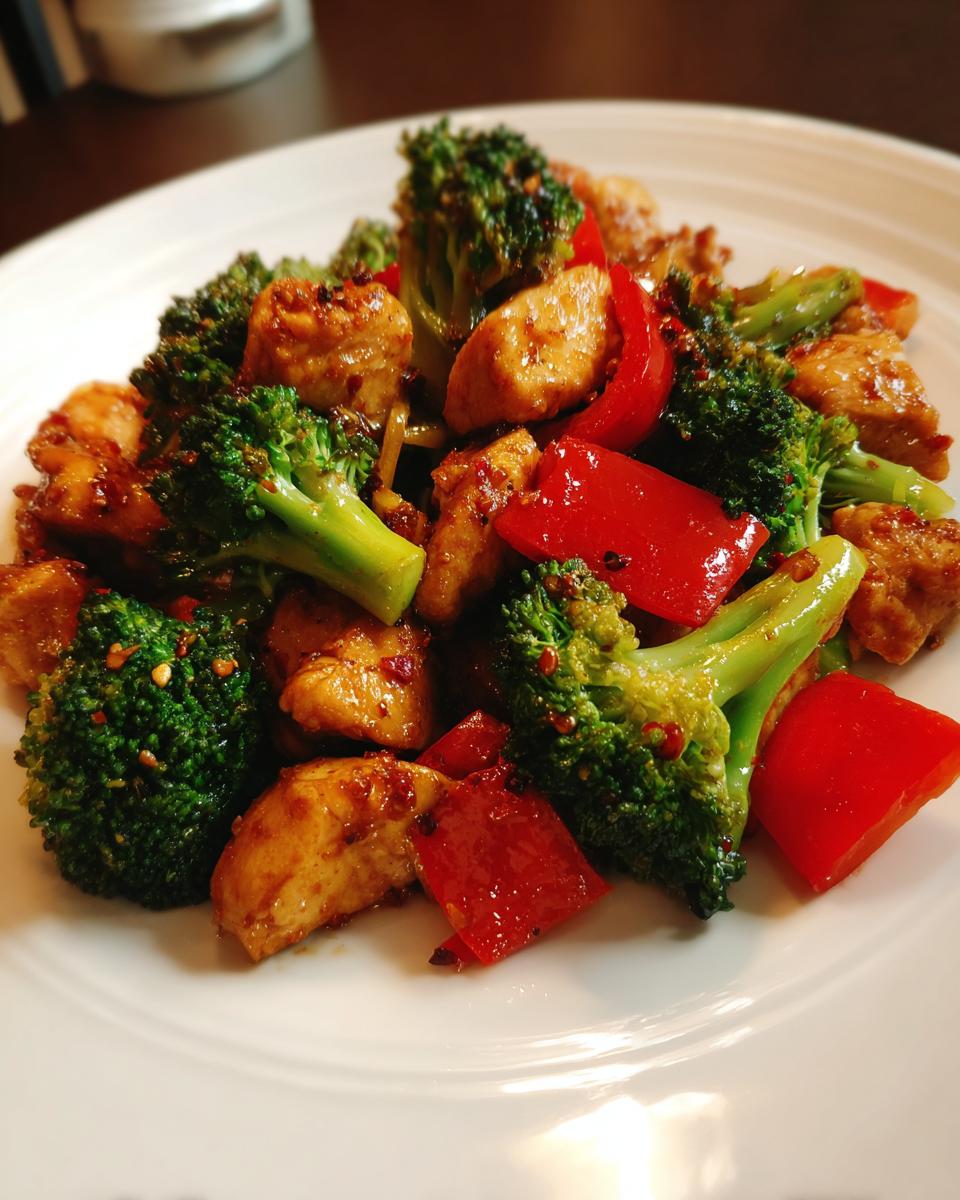 Chicken and broccoli stir-fry with red bell peppers, a quick option for Dinner Recipes in 20 Minutes.