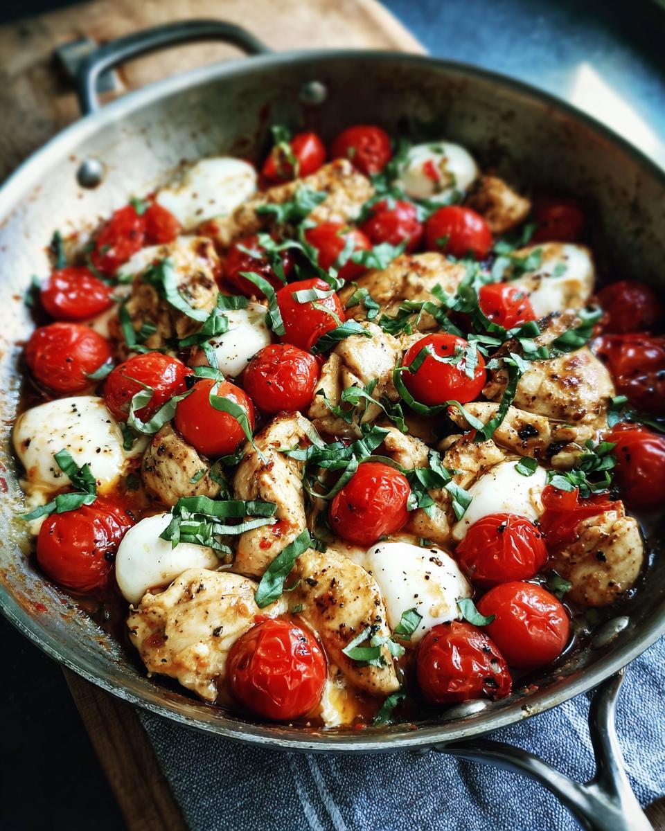 Delicious Chicken Caprese Skillet with juicy tomatoes, mozzarella balls, and fresh basil.