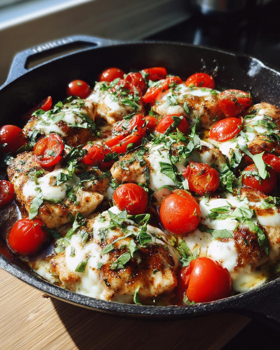 Chicken Caprese Skillet featuring juicy chicken breasts, melted mozzarella, ripe tomatoes, and fresh basil.