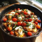 A Chicken Caprese Skillet featuring chicken, mozzarella, tomatoes, basil, and a flavorful sauce.