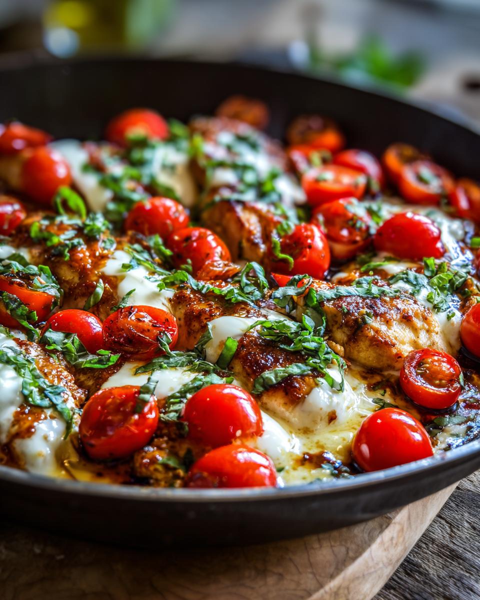 Close-up of a Chicken Caprese Skillet with juicy tomatoes, melted mozzarella, and fresh basil.
