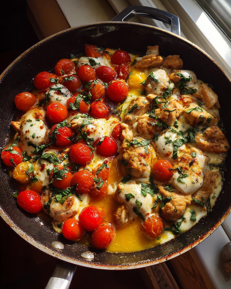 Overhead view of a Chicken Caprese Skillet with chicken, tomatoes, mozzarella, and basil.