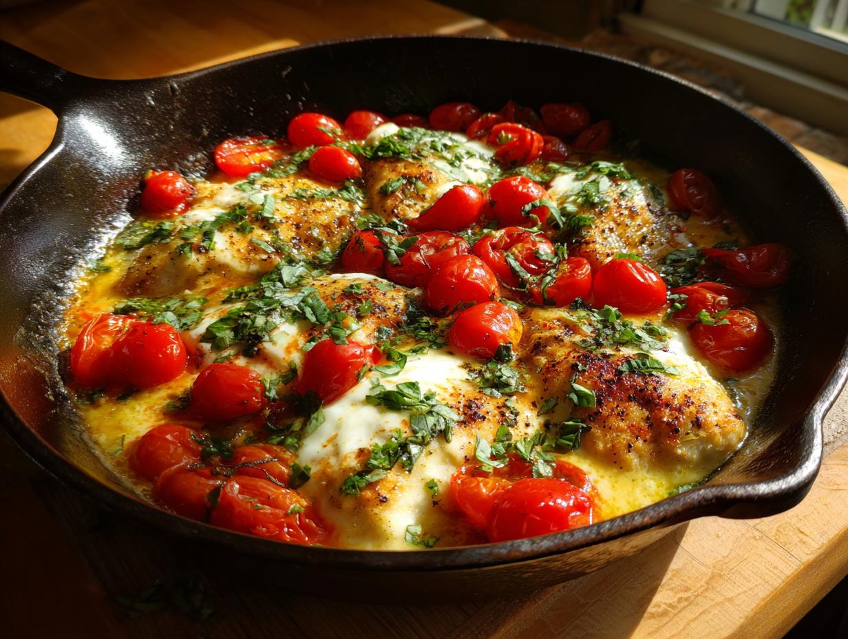 Chicken Caprese Skillet with juicy tomatoes, mozzarella, and fresh basil in a cast iron pan.
