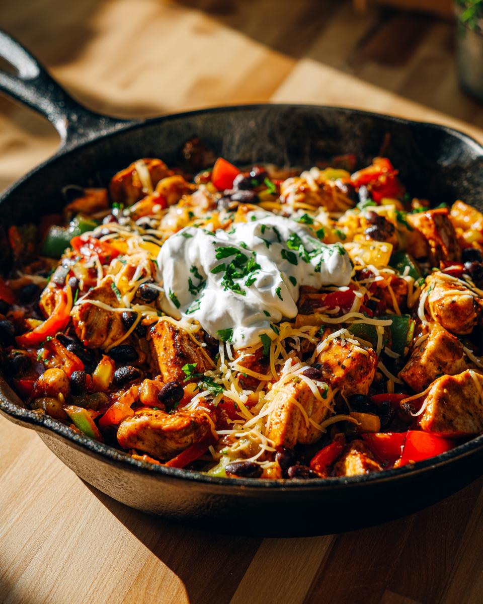 Chicken fajita skillet with peppers, black beans, cheese, and sour cream, a quick and easy dinner recipes option.