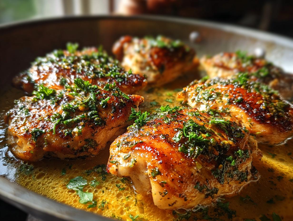 Pan-seared Chicken in 20 Minutes, garnished with fresh herbs and served in a flavorful sauce.