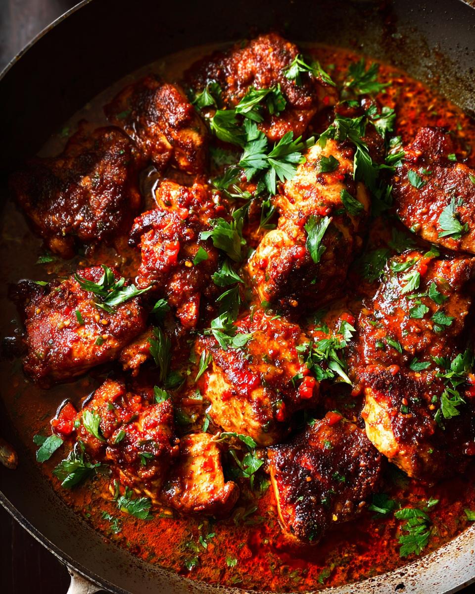Pan of flavorful Chicken in 20 Minutes, a quick weeknight meal, garnished with fresh parsley.