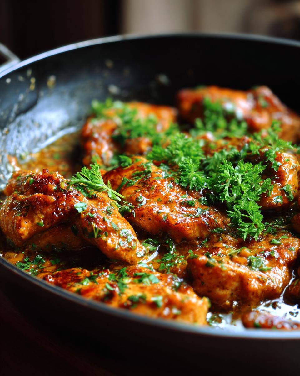Close-up of Chicken in 20 Minutes, cooked in a skillet and garnished with fresh parsley.