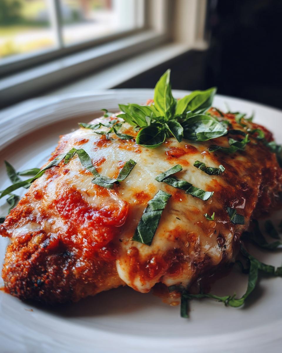Restaurant-Style Dinner Recipes at Home: Chicken Parmesan topped with melted cheese, tomato sauce, and fresh basil.