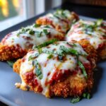 Delicious Chicken Parmesan, a Restaurant-Style Dinner Recipe, topped with melted cheese and basil on a gray plate.
