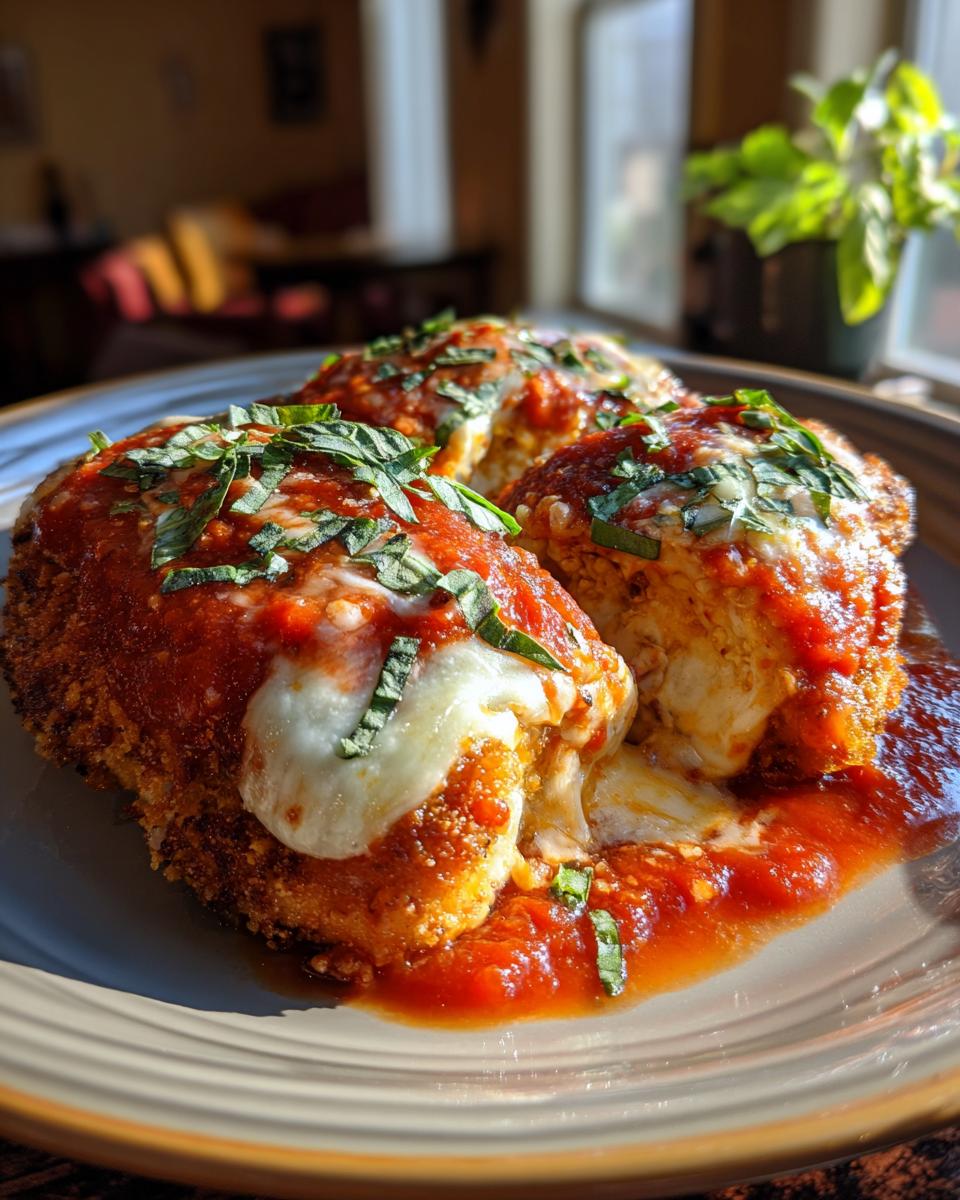 Three pieces of chicken parmesan with tomato sauce, melted cheese, and basil. Restaurant-Style Dinner Recipes at Home.