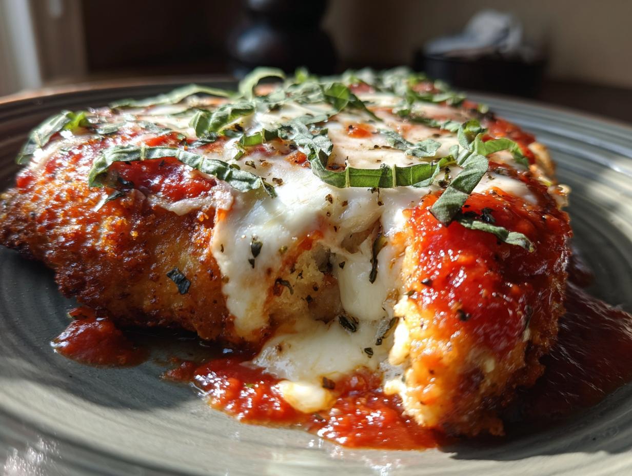 Delicious chicken parmesan, a restaurant-style dinner recipe, with melted cheese, tomato sauce, and basil.