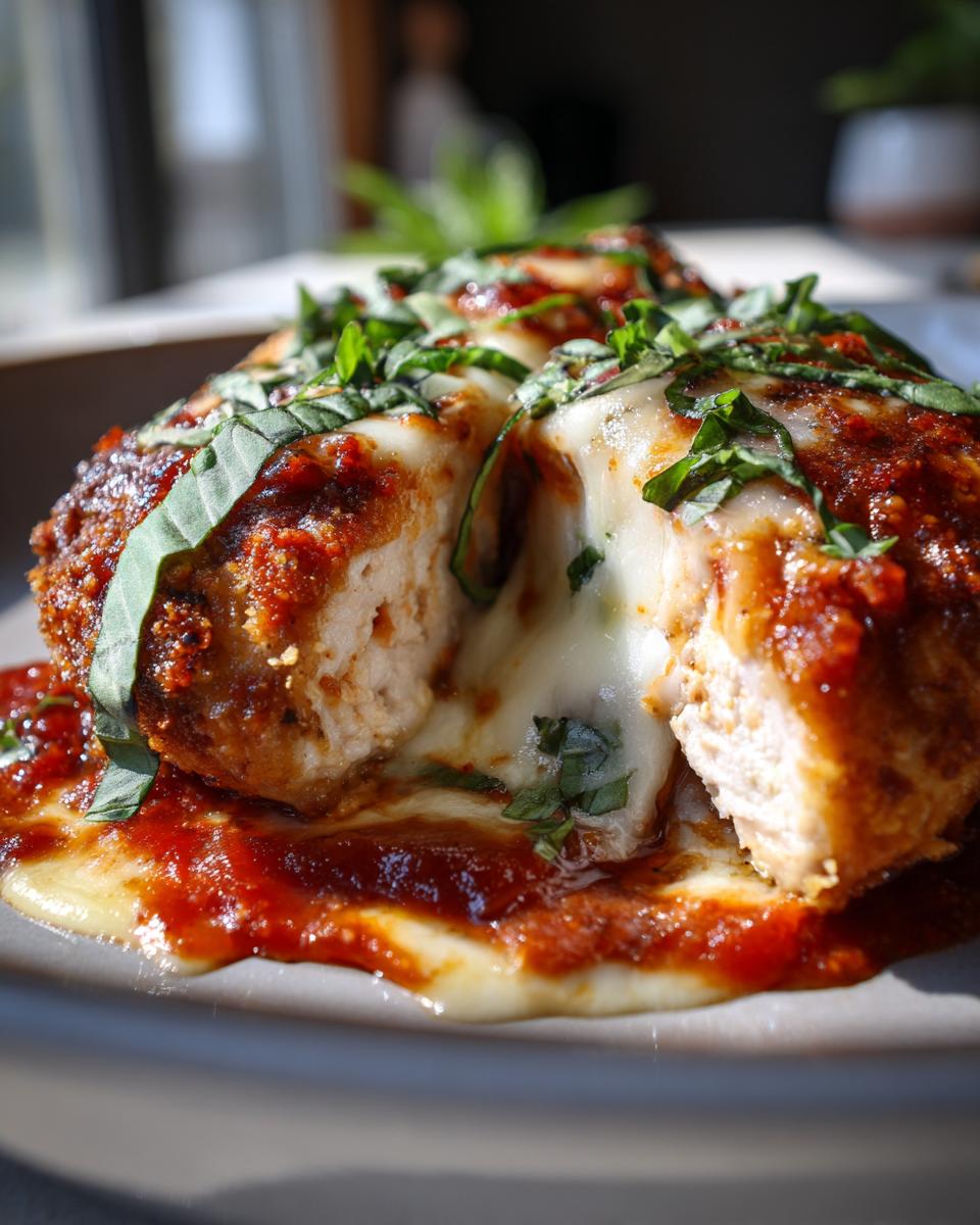 Delicious chicken parmesan, a Restaurant-Style Dinner Recipes dish, with melted cheese, tomato sauce, and basil.