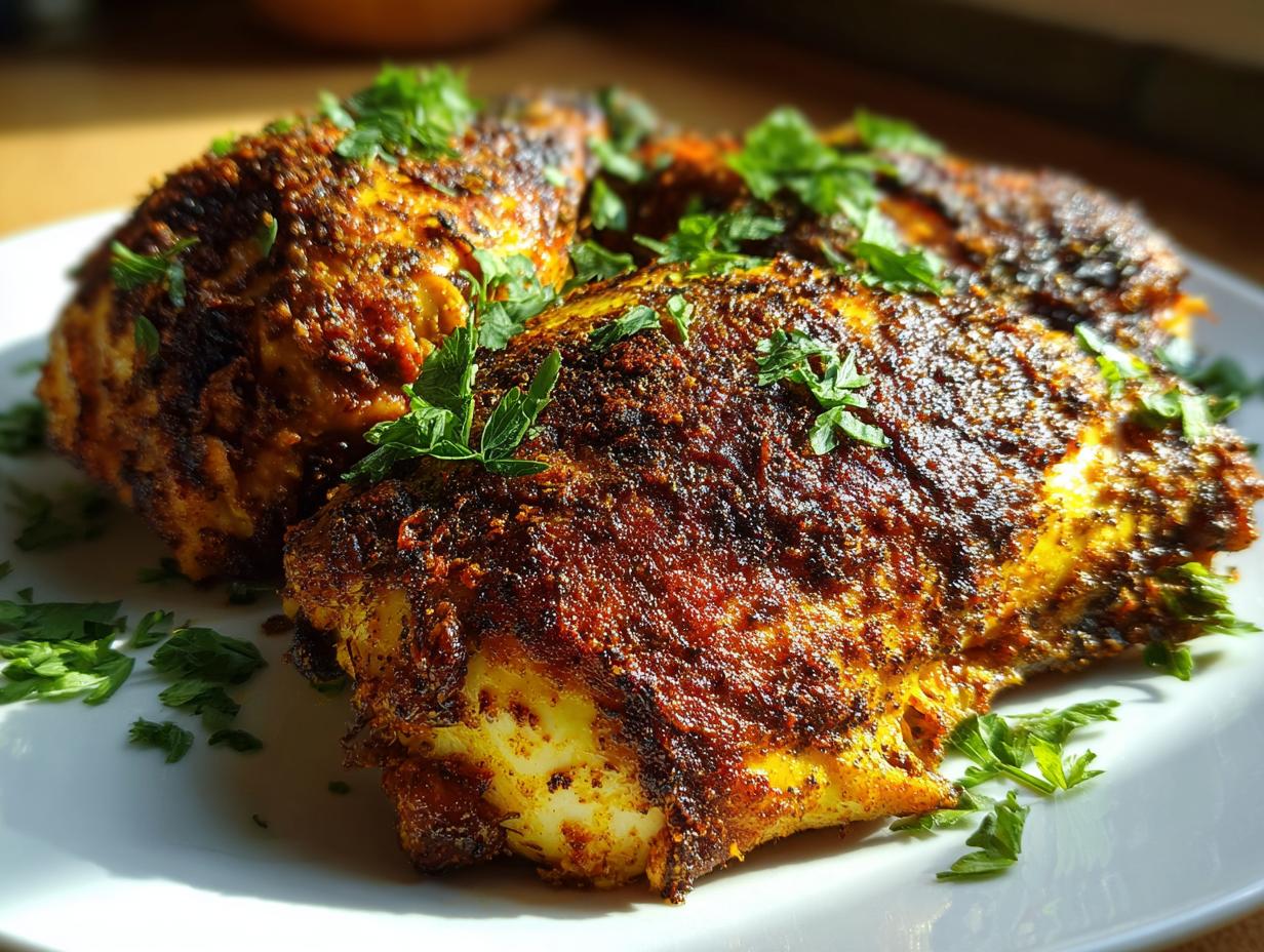 Three pieces of seasoned chicken garnished with parsley, showcasing a Chicken Recipe Everyone Asks For.