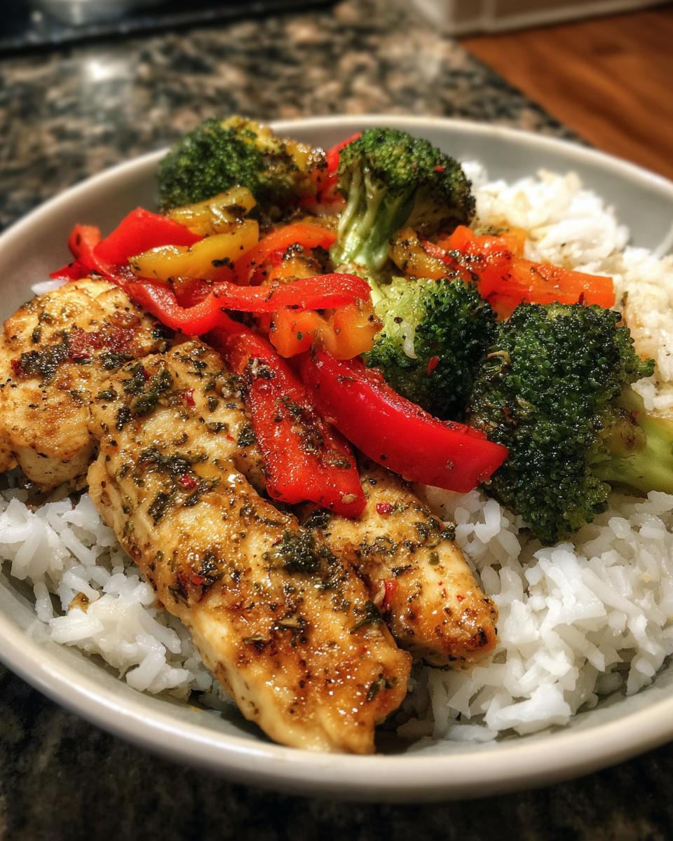 Bowl of chicken, rice, broccoli, and red peppers. What Makes Perfect Dinner Recipes? Try This!