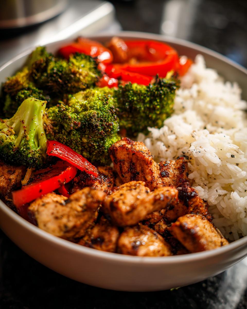A bowl of chicken, rice, broccoli, and red peppers, showcasing What Makes Perfect Dinner Recipes? Try This.