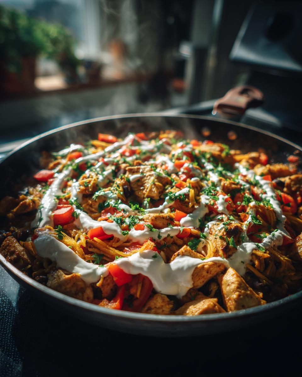 Chicken skillet with tomatoes, herbs, and a creamy sauce, perfect for Easy Dinner Recipes in 20 Minutes.