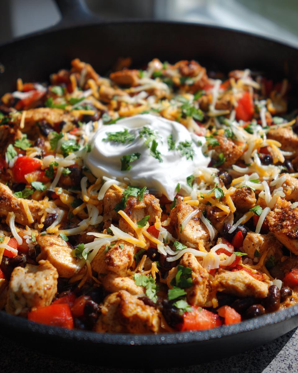 Chicken skillet with black beans, tomatoes, cheese, and sour cream. One of the Easy Dinner Recipes ready in 20 minutes.