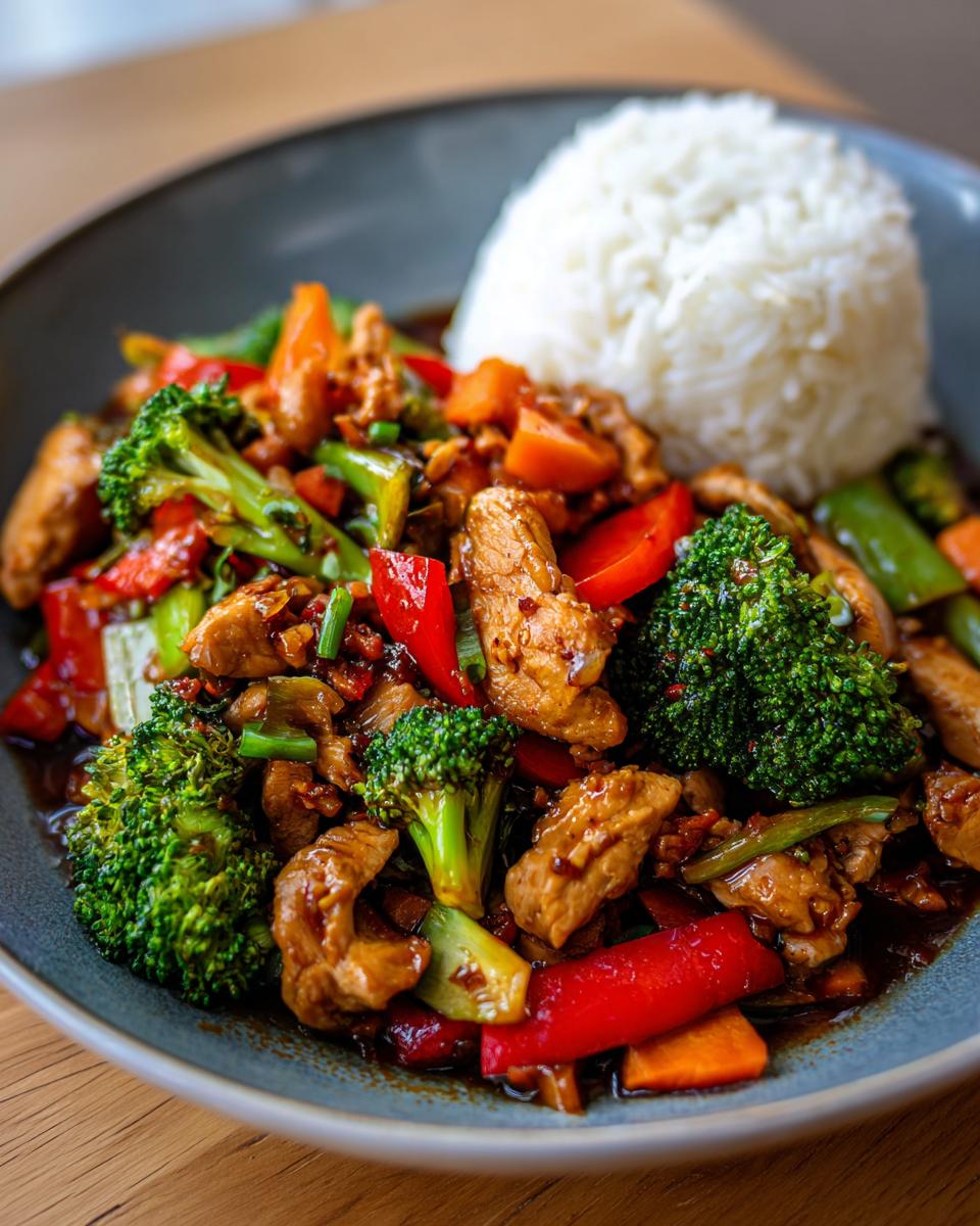 Chicken stir-fry with broccoli, peppers, carrots, and rice for Dinner Ideas in 20 Minutes.