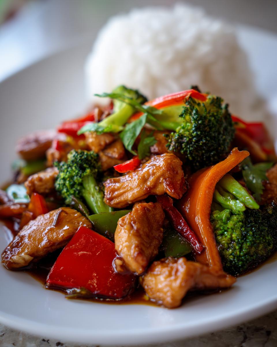 Chicken stir-fry with broccoli, peppers, and rice, representing Dinner Ideas in 20 Minutes.