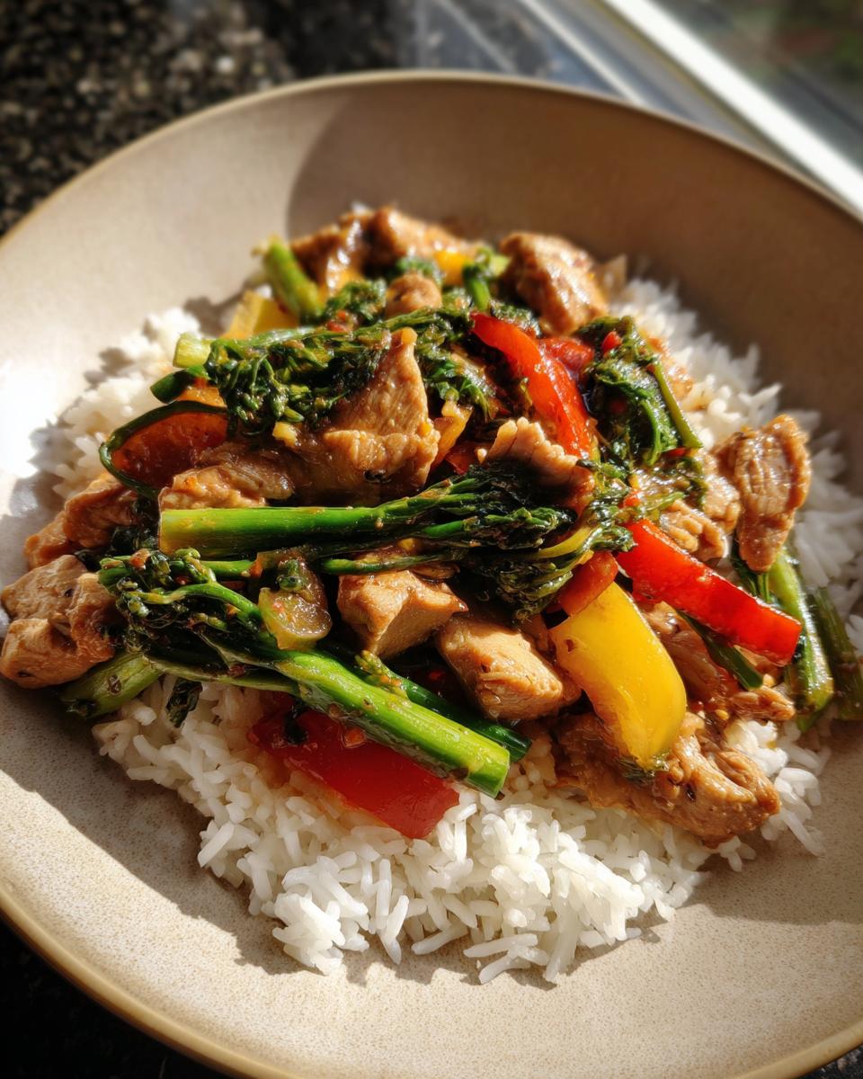 Chicken stir-fry with rice, red and yellow bell peppers, and broccolini. Part of the Ultimate Dinner Ideas Guide.