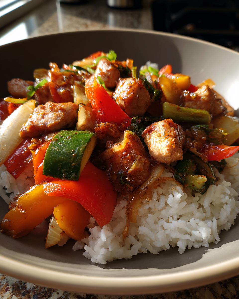 Chicken stir-fry with rice, zucchini, peppers, and a savory sauce, perfect for Ultimate Dinner Ideas Guide.