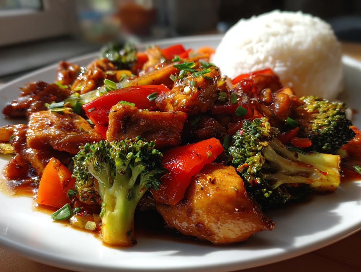 Chicken stir-fry with broccoli, peppers, and rice, perfect for Dinner Ideas in 20 Minutes.