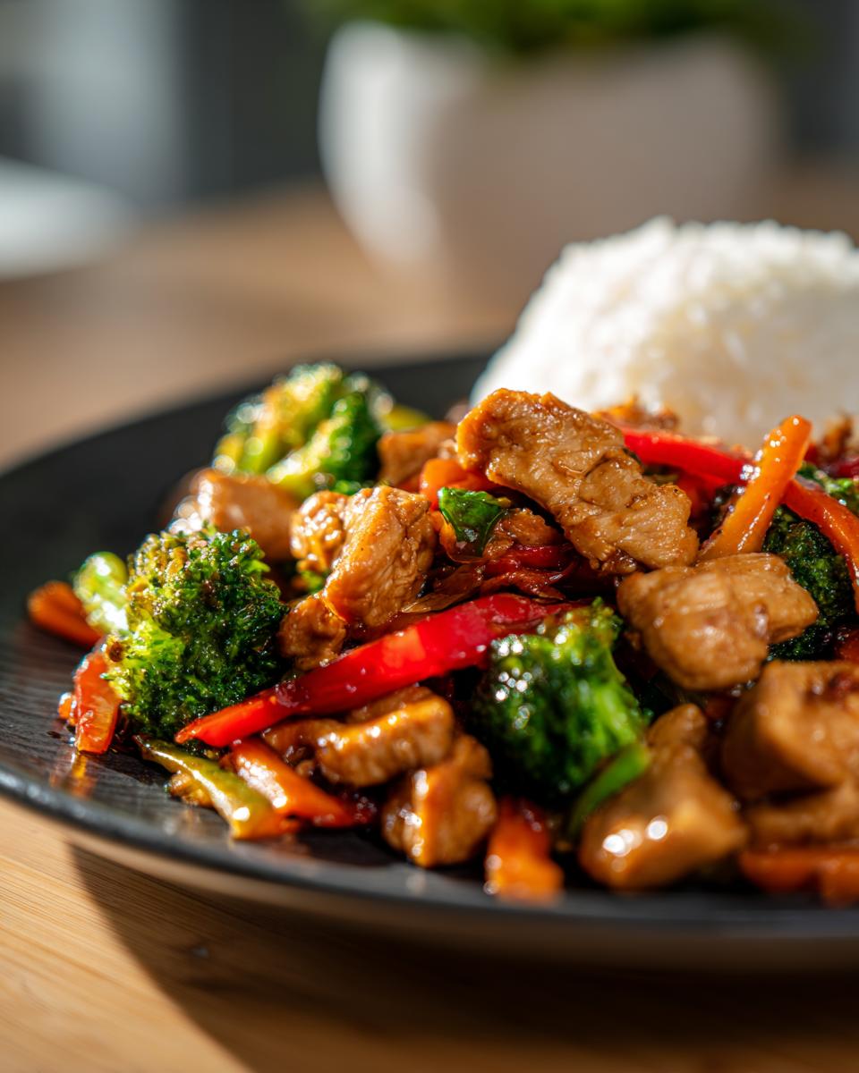 Stir-fry with chicken, broccoli, carrots, and red peppers served with white rice. A quick dinner idea in 20 minutes.