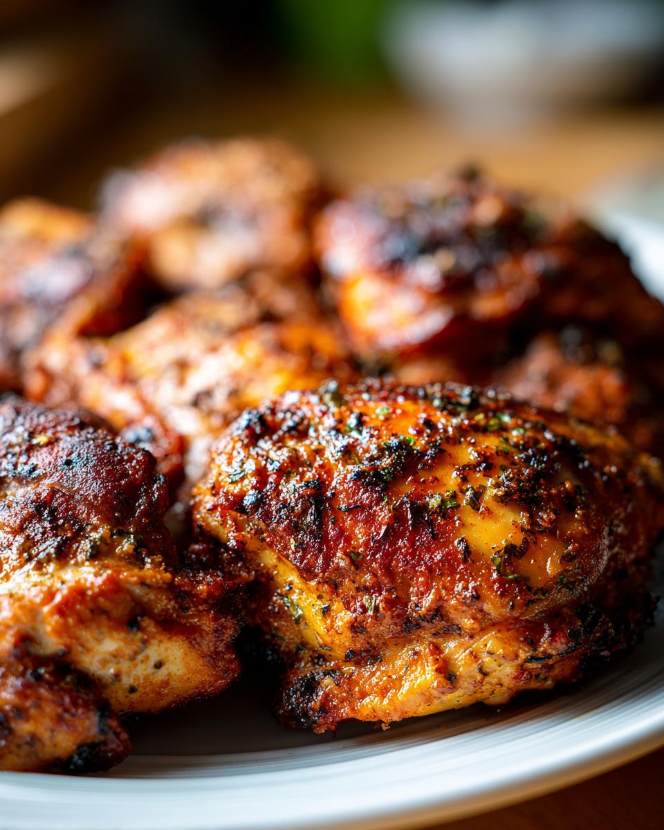 Close-up of seasoned and cooked chicken thighs on a plate, ideal for Chicken Thigh Recipes in 20 Minutes.