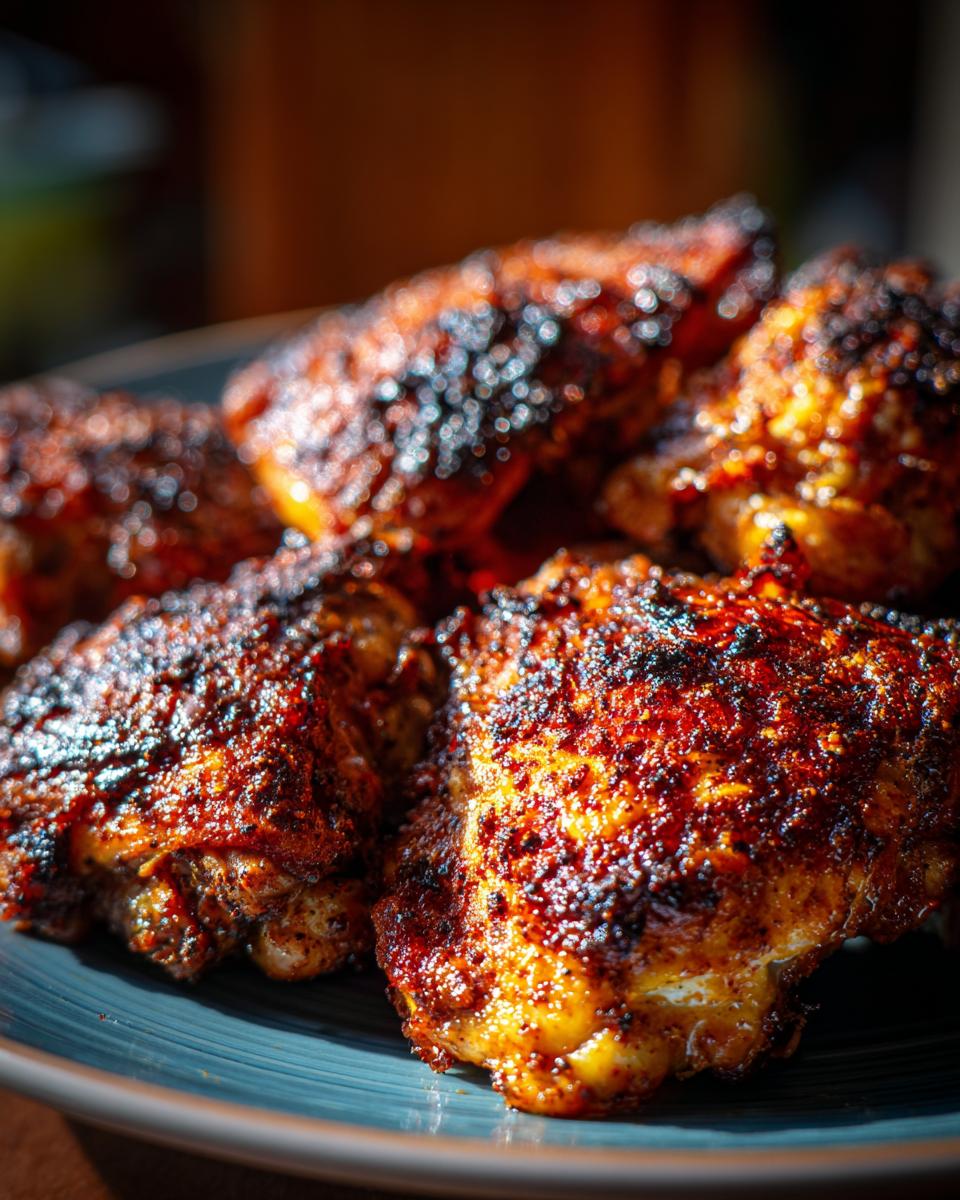 Close-up of flavorful, cooked chicken thighs on a blue plate, perfect for quick Chicken Thigh Recipes in 20 Minutes.