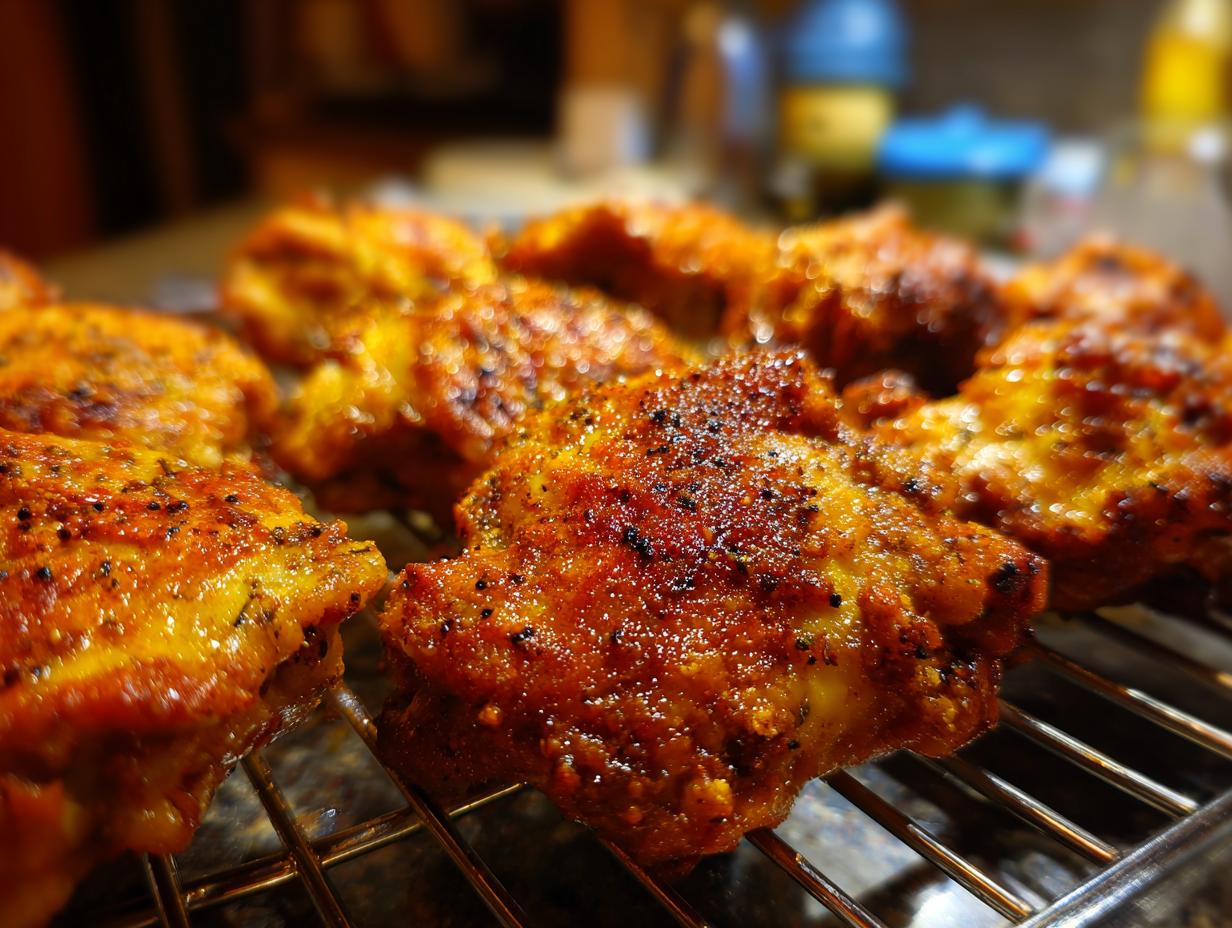 Close-up of seasoned chicken thighs on a wire rack, perfect for quick Chicken Thigh Recipes in 20 Minutes.