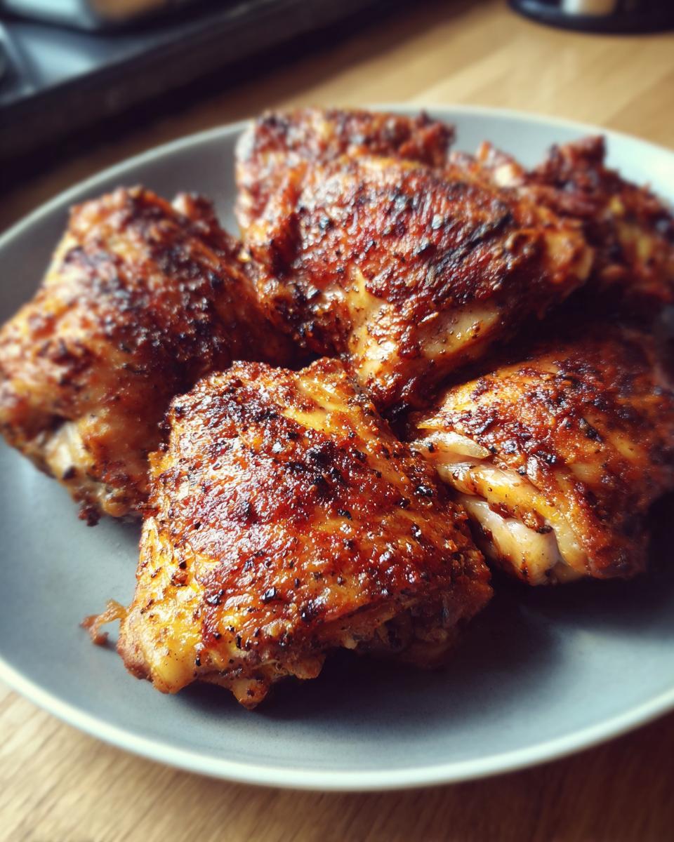 A plate of perfectly cooked chicken thigh recipes, showcasing their crispy skin and juicy meat.