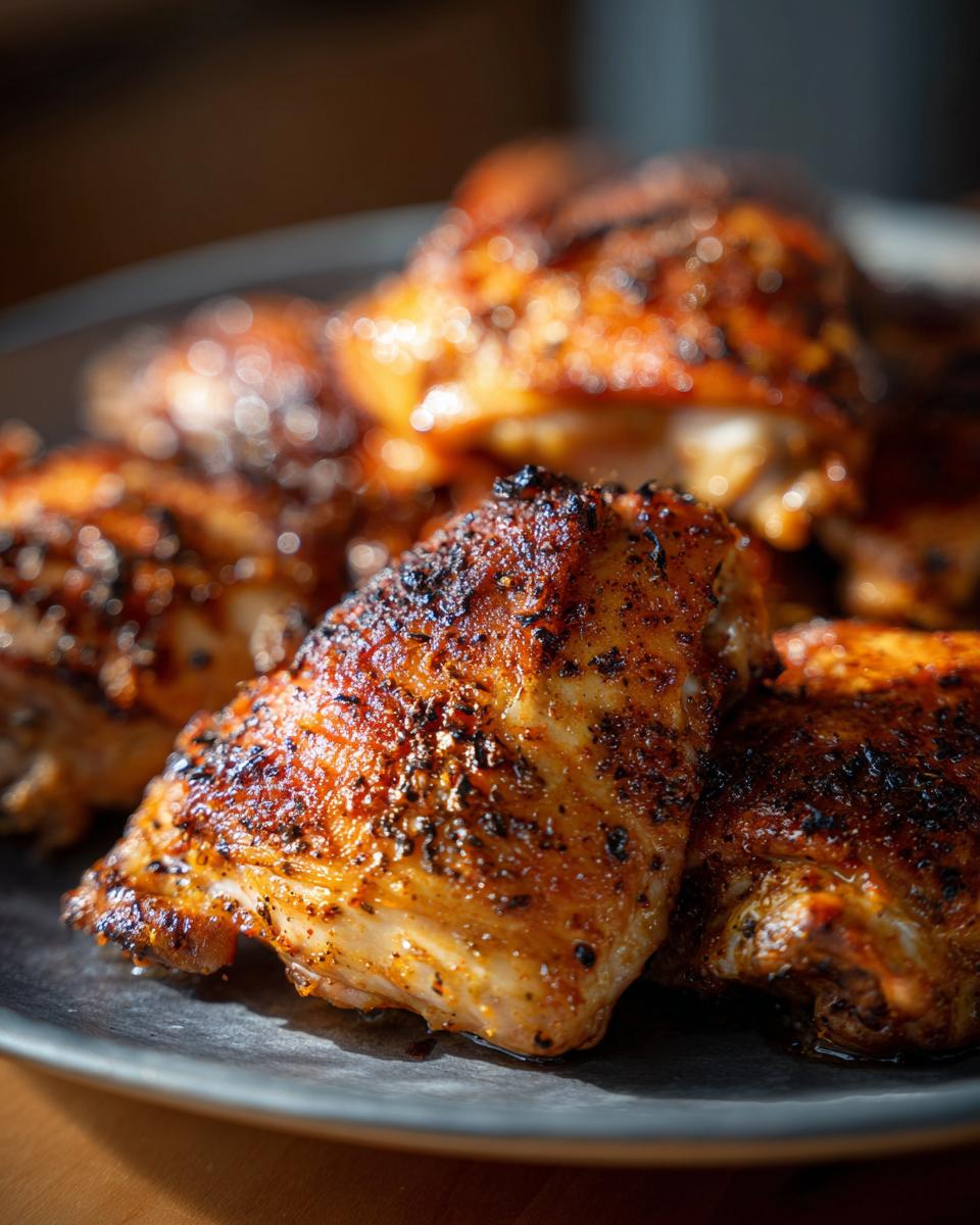 Close-up of seasoned and cooked chicken thigh recipes on a dark plate, ready to serve.