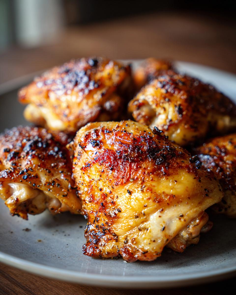Close-up of perfectly cooked Chicken Thigh Recipes Recipe, seasoned and browned on a gray plate.