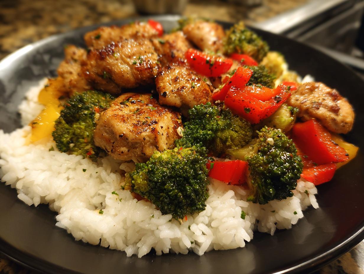 Chicken and vegetable stir-fry served over rice, a perfect dinner recipe. Broccoli, peppers, and seasoned chicken.