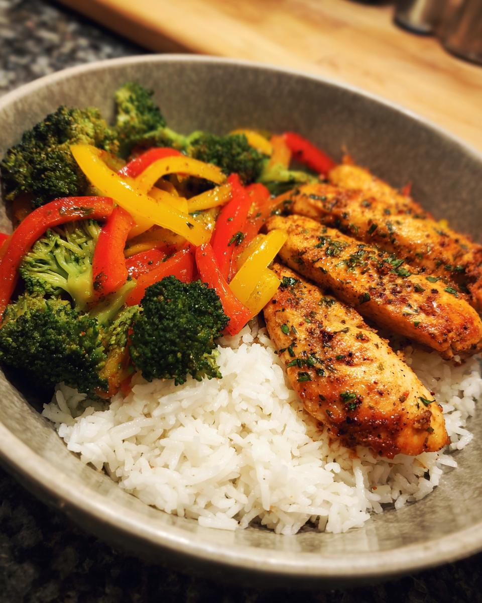 A bowl of chicken, rice, broccoli, and peppers. A perfect dinner recipes example.