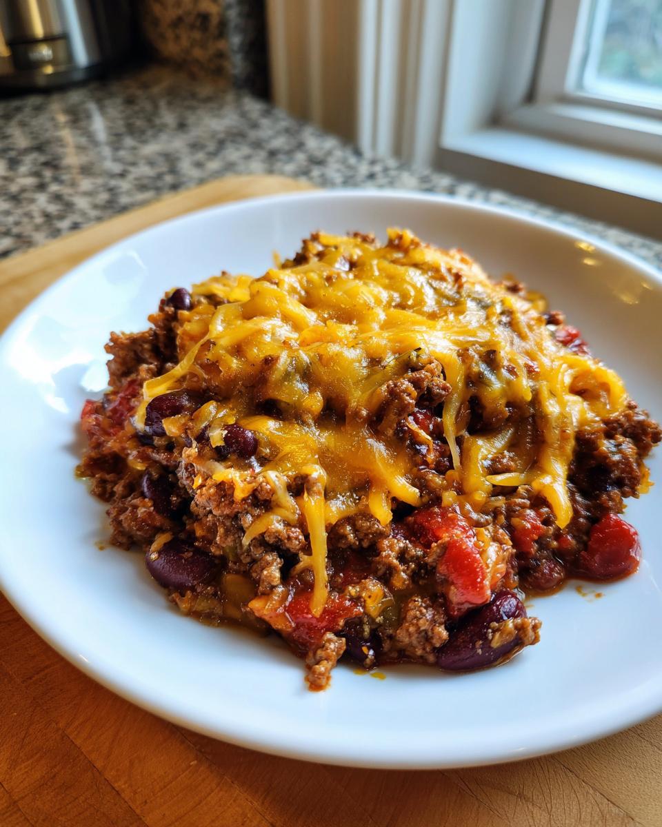 Cheesy chili bake, one of our easy dinner recipes everyone asks for, served on a white plate.